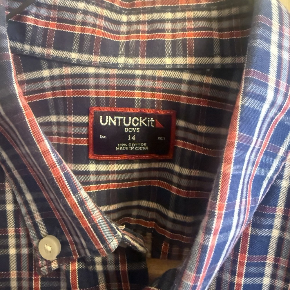 Untuckit Boys Bottom Down Shirt Blue White Red Check Long Sleeve 14 - Picture 2 of 5